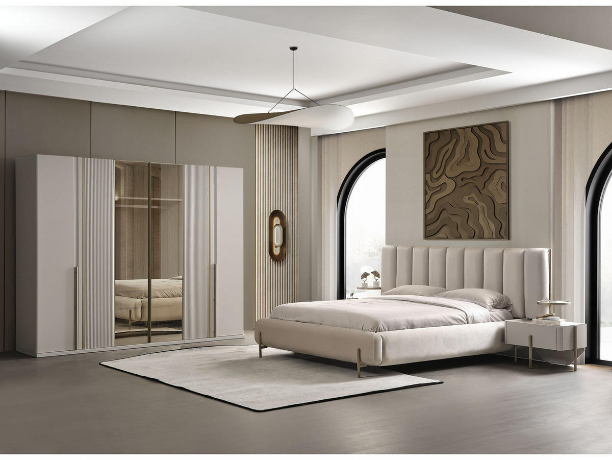 BETTANLAGE VEGA Schlafzimmer-Set, 5-teilig, Beige, Bett mit Kopfteil, 2 Nachttische, Kleiderschrank und Kommode - Beige, Holzwerkstoff (160/200cm)