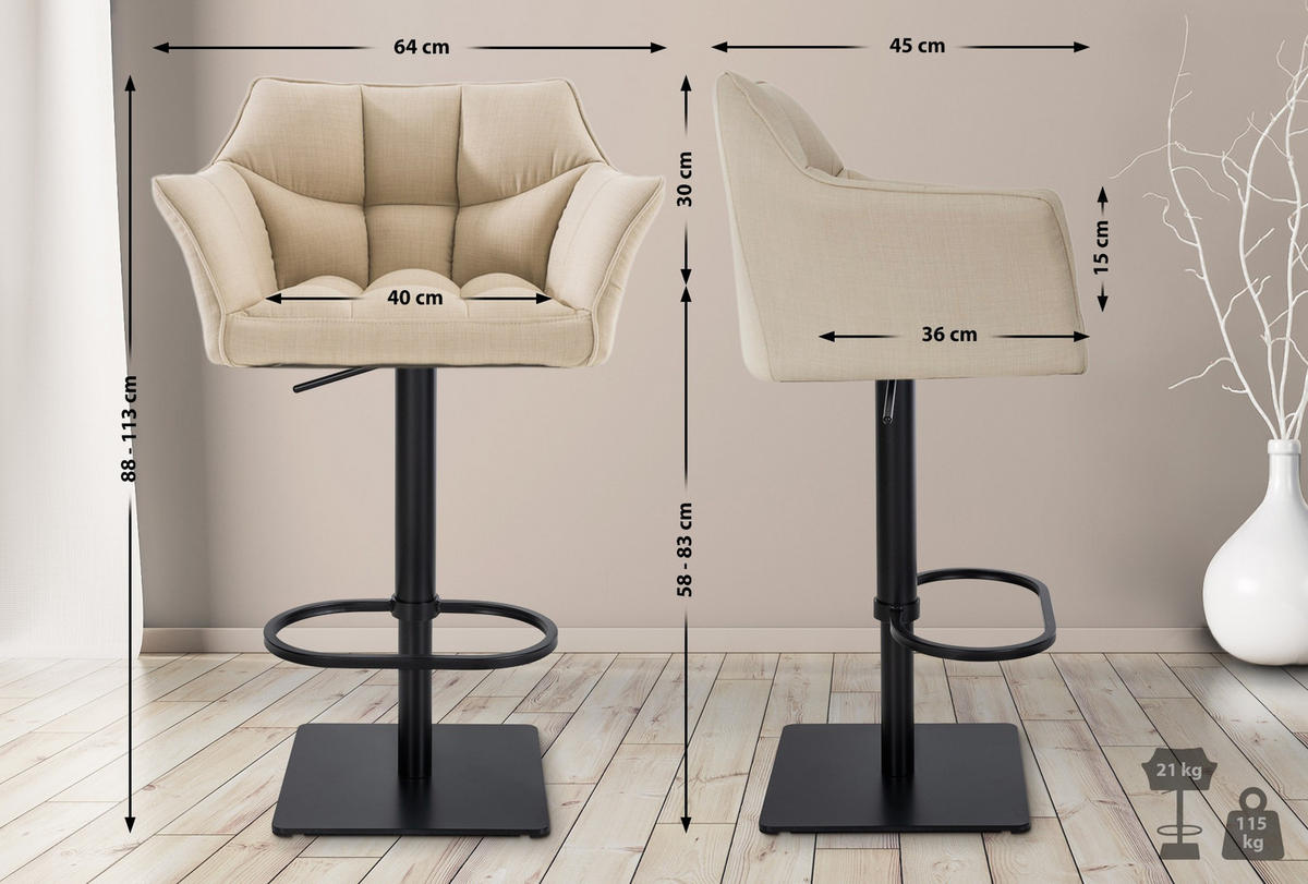 BARHOCKER Stoff Creme - Creme/Schwarz, Textil/Metall (64/88/45cm) - CLP