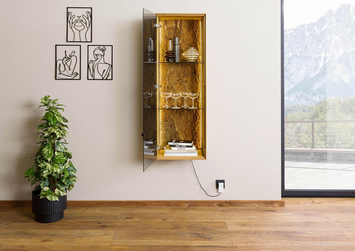 HÄNGEVITRINE Wildeiche 46x38x132 natur geölt LINDAU #13 - Braun, Holz (46/132/38cm) - Massivmoebel24