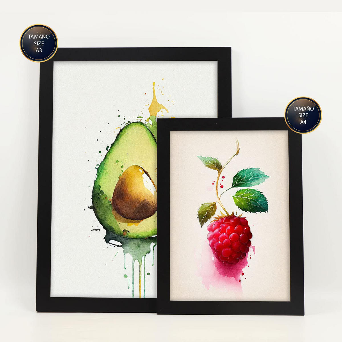 POSTER Set Mit 6 Erfrischende Früchte Plakate Von Obst Gemüse & Gesunden Lebensmitteln Im Aquarell Kunst Auf Reinweißen A3 & A4 Schwarzer Rahmen - Schwarz, Papier (29/3cm) - Nacnic
