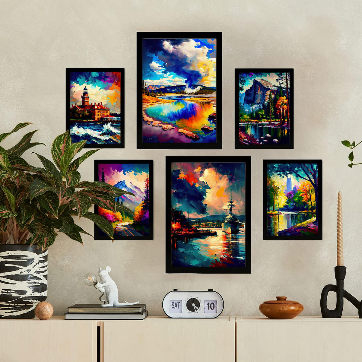 POSTER Set Mit 6 Wolken Im Ölgemälde Stil A3 & A4 Schwarzer Rahmen - Schwarz, Papier (29/3cm) - Nacnic