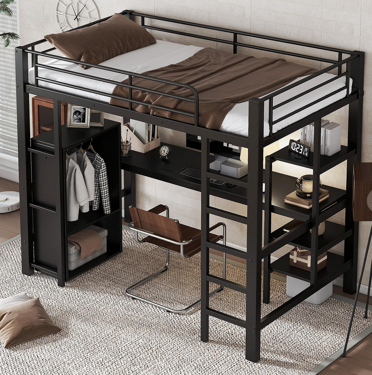 ETAGENBETT 90/200 cm schwarz aus Metall mit Schreibtisch und Stauraum - Schwarz, Metall (90/200cm) - OKWISH