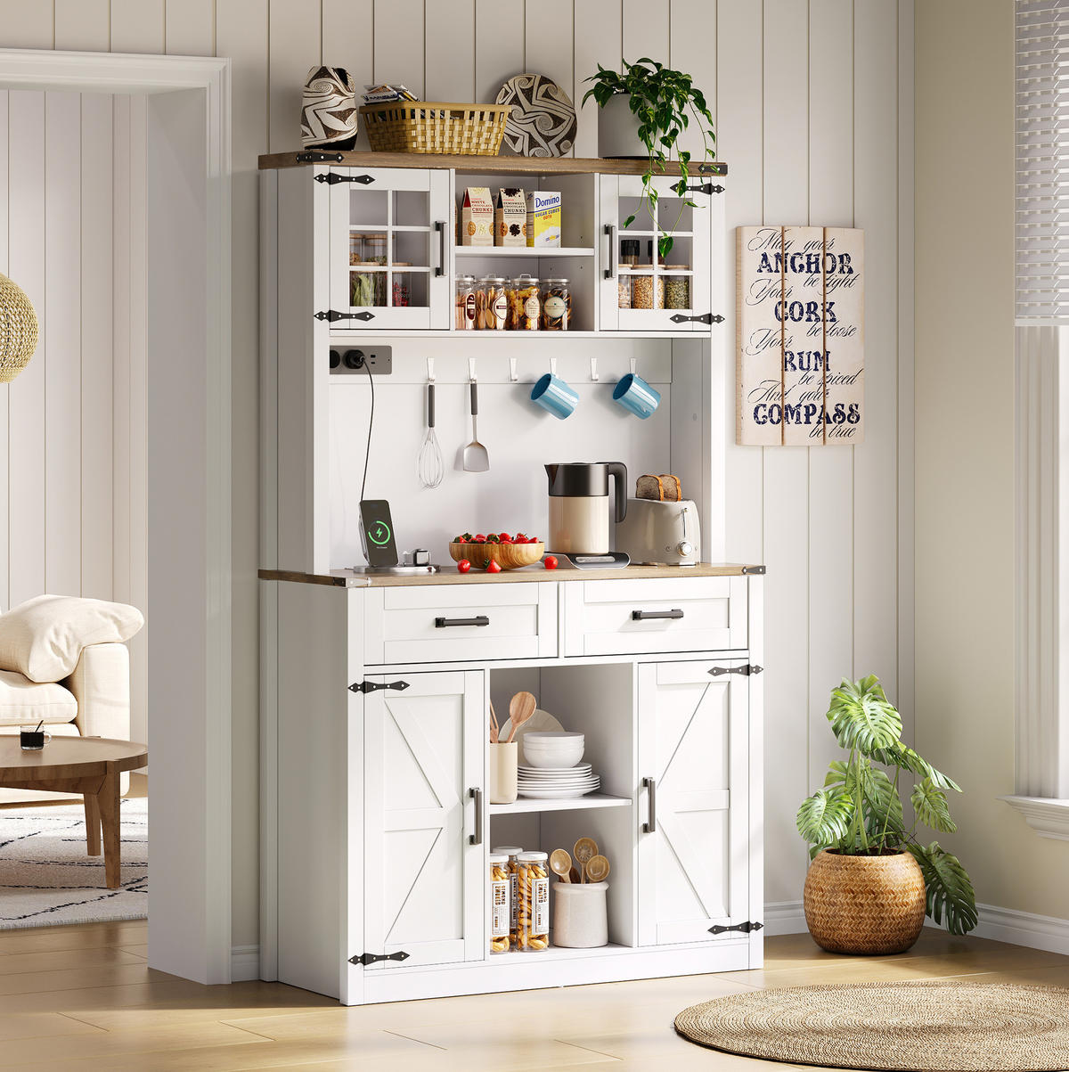 BUFFET aus MDF 100x40x172 cm Braun-Weiß mit LED-Beleuchtung, Steckdosen, USB-C und verstellbaren Einlegeböden im Scheunentor-Design - Braun, Holzwerkstoff (100/172/40cm) - Modfu