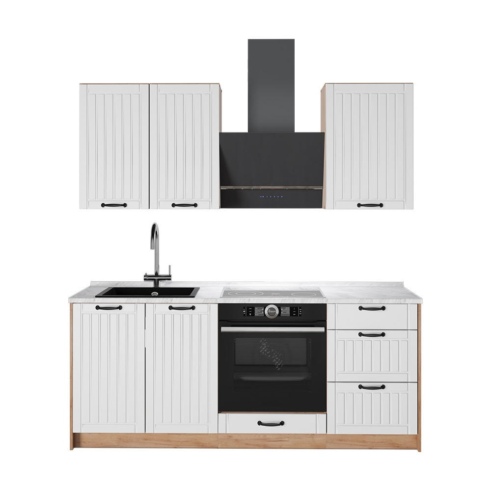 SINGLEKÜCHE Fame-Line, Weiß Landhaus/Goldkraft Eiche, 190 cm, AP Marmor - Honigeiche/Weiß, Holzwerkstoff (190/206.8/60cm) - Vicco
