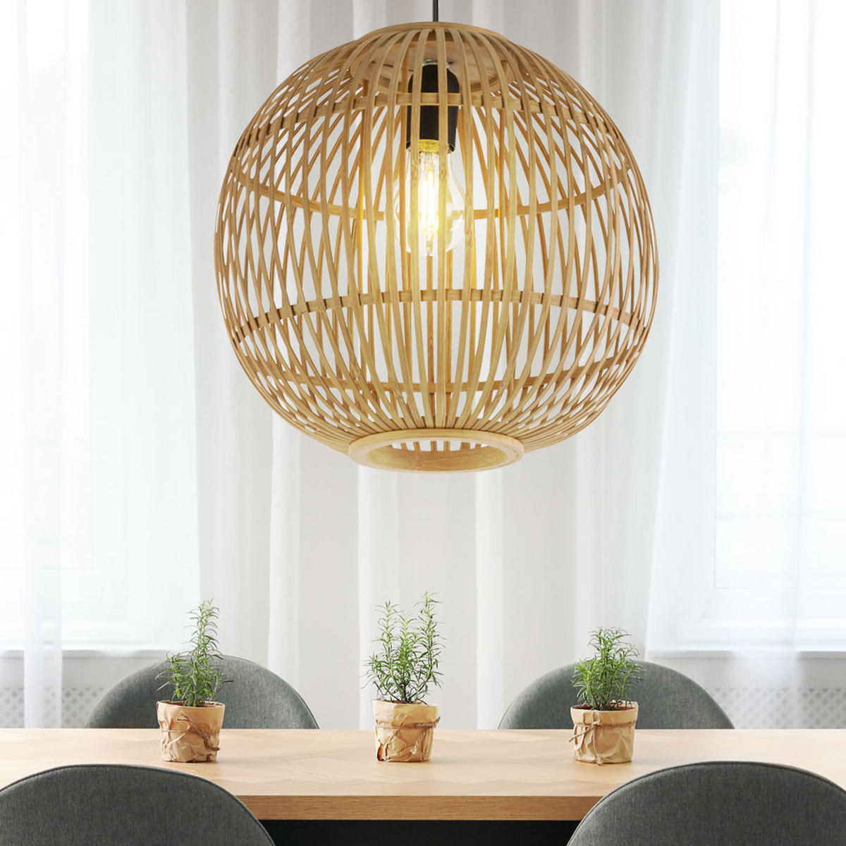LED HÄNGELEUCHTE Hildegard Bambus Beige - Beige, Holz (30/30/150cm) - Globo Lighting