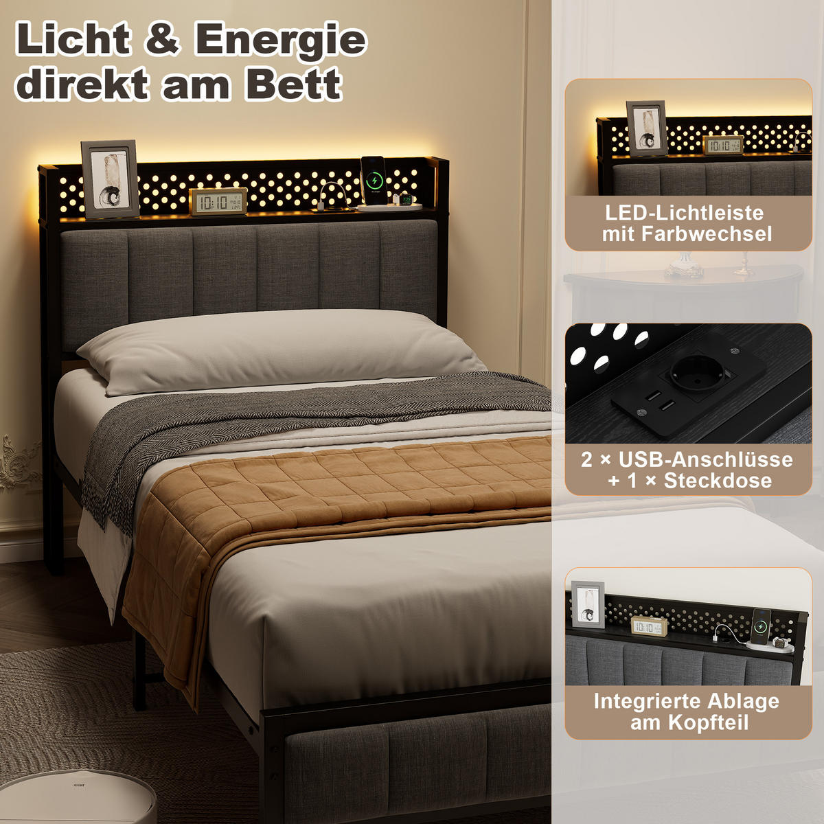 METALLBETT 90/200 cm in Schwarz mit gepolstertem Kopfteil, LED und USB - Schwarz, Holzwerkstoff/Textil (90/200cm) - CHICFURN