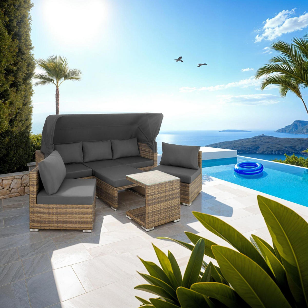 RATTANLOUNGE San Marino, mit Sicherheitsglasplatte, variabel aufstellbar, natur - Naturfarben, Kunststoff (68/131/199cm) - tectake
