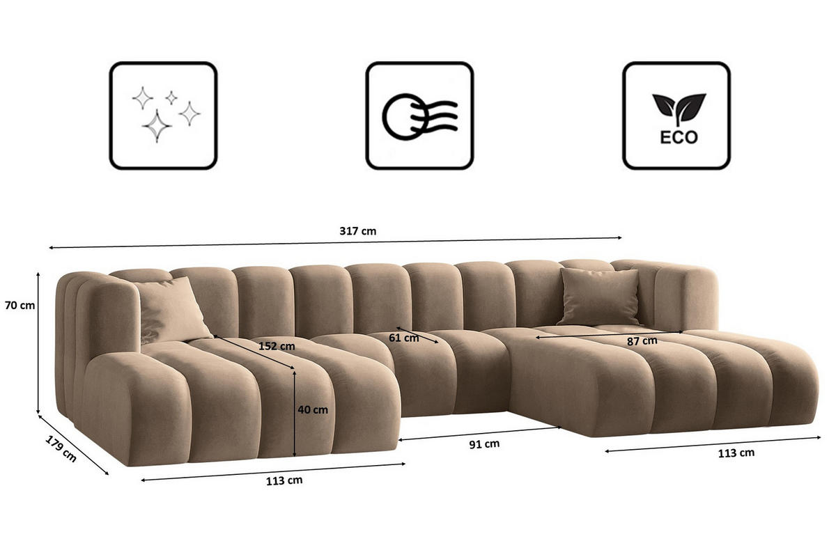 ECKSOFA U-from Grand modular Stoff Salvador Dunkelbeige - Cappuccino, Holz (317/179cm) - Kaiser Möbel
