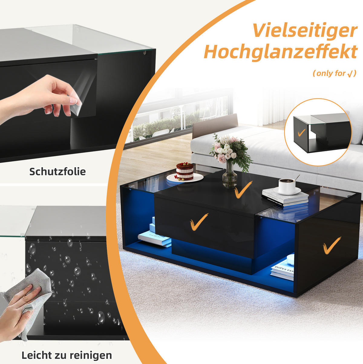 COUCHTISCH aus Spanplatte und Glas 100x50x31 cm in Schwarz mit LED & Schublade - Schwarz, Holzwerkstoff (100/50/31cm) - Modfu