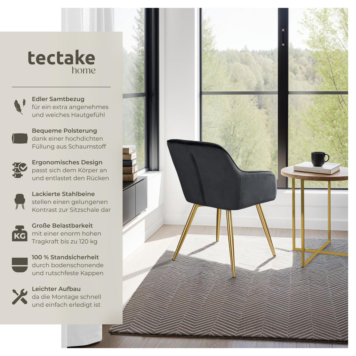 ESSZIMMERSTUHL 2er Set Marilyn 58 x 62 x 82 cm schwarz/gold - Goldfarben/Schwarz, Textil (58/82/62cm) - tectake