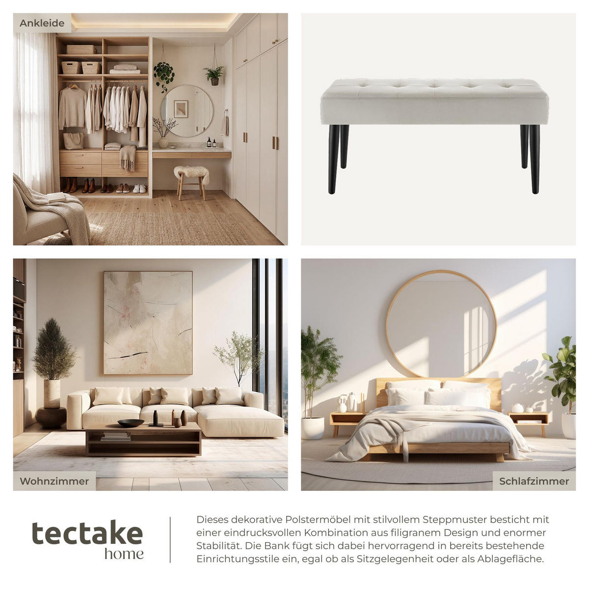 SITZBANK Glora, Belastbarkeit 220 kg, 95 x 38 x 45 cm, Samtoptik taupe - Taupe, Holz (95/45/38cm) - tectake