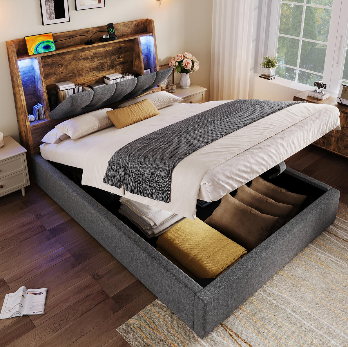 POLSTERBETT 90/200 cm Grau mit Stauraum, LED-Beleuchtung und USB-Anschlüssen - Grau, Textil (90/200cm) - Flora Grace
