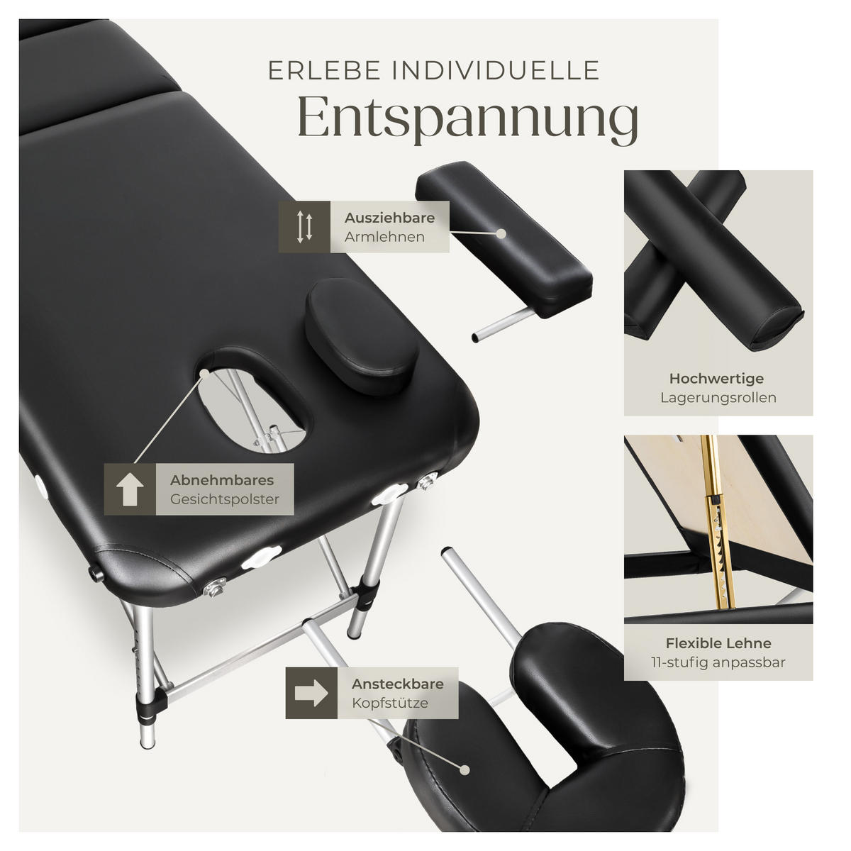 MASSAGELIEGE 3 Zonen, 210 x 95 x 89 cm,schwarz - Schwarz, Metall (95/89/210cm) - tectake