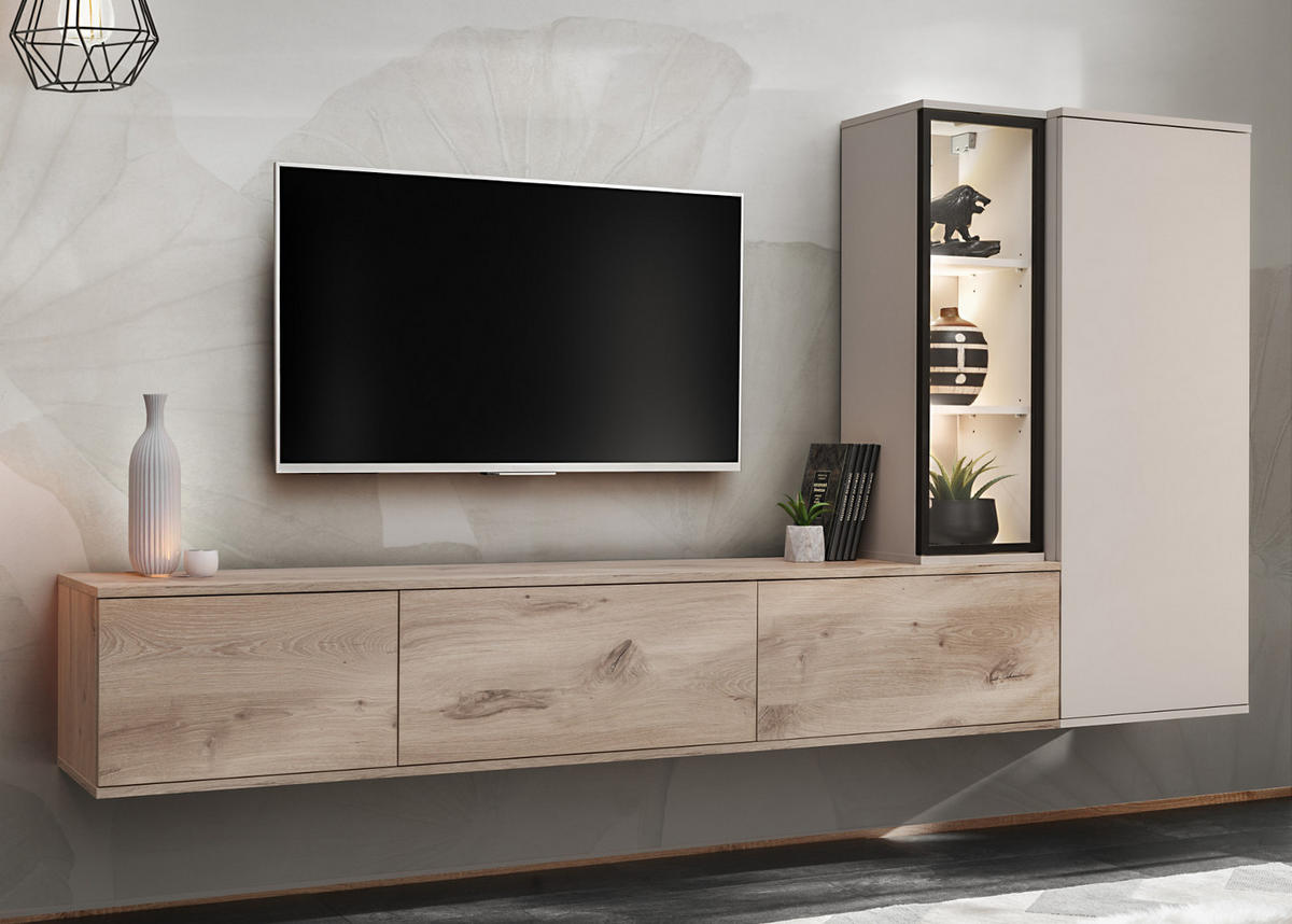 WOHNWAND Eiche, Kaschmir hängend 240 cm, Schrankwand mit Push-to-Open inklusive Beleuchtung - Kaschmir/Eichefarben, Glas/Holzwerkstoff (240/125/35cm) - Furn.Design