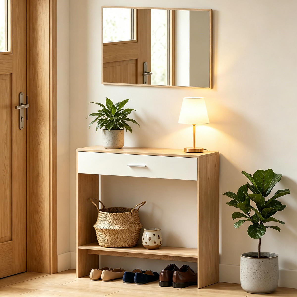 KONSOLENTISCH-SET DE-37254 mit Schublade, Regal und Spiegel Eiche/Weiß - Naturfarben, Holzwerkstoff (91.5/27.9/85cm) - ComfortXL
