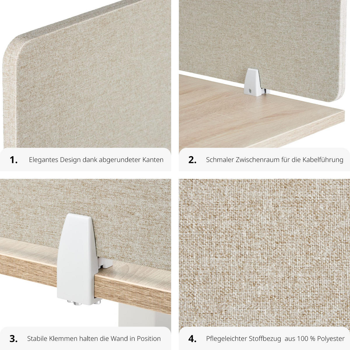 TRENNWAND für Schreibtisch Noisy,inkl. 2 Befestigungsklemmen,beige - Beige, Kunststoff (2.2/160/40cm) - tectake