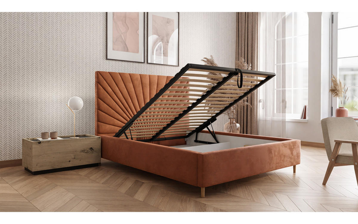 POLSTERBETT SUNNY 140x200 cm Magic Velvet 2242, 34 Holzlatten, Kopfteil 131 cm - Orange, Textil (140/200cm) - Lookway