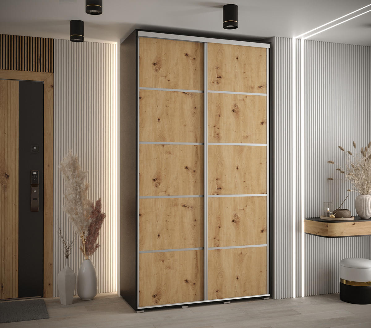 SCHWEBETÜRENSCHRANK 235,2/140/60 2-türig - Silberfarben/Schwarz, Holz/Metall (140/235/60cm) - Abiks Möbel