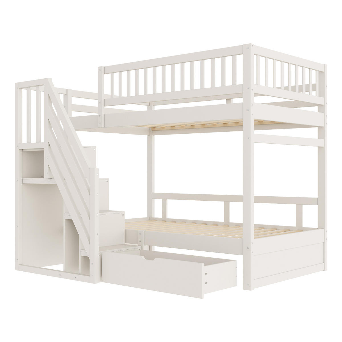 ETAGENBETT 90/200 cm Weiß aus Massivholz mit Sicherheitsgitter und Stauraum - Weiß, Holzwerkstoff (90/200cm) - OKWISH