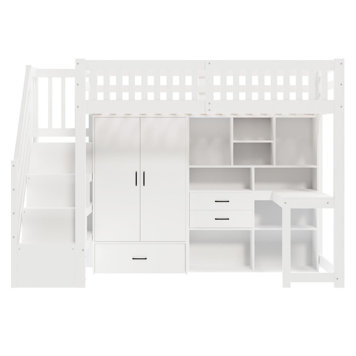 HOCHBETT aus Kiefer 90x200 cm Weiß mit Schreibtisch, Kleiderschrank, Schubladen und Stauraumleiter - Weiß, Holzwerkstoff (90/200cm) - Modfu