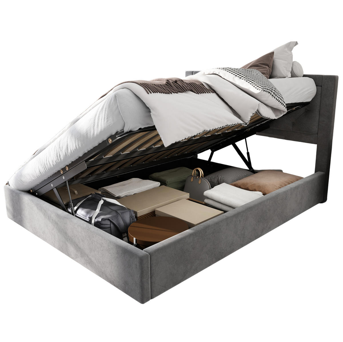 POLSTERBETT 140/200 cm mit Stauraum, Samtbezug und Chesterfield-Kopfteil, Grau - Grau, Metall (140/200cm) - Redom