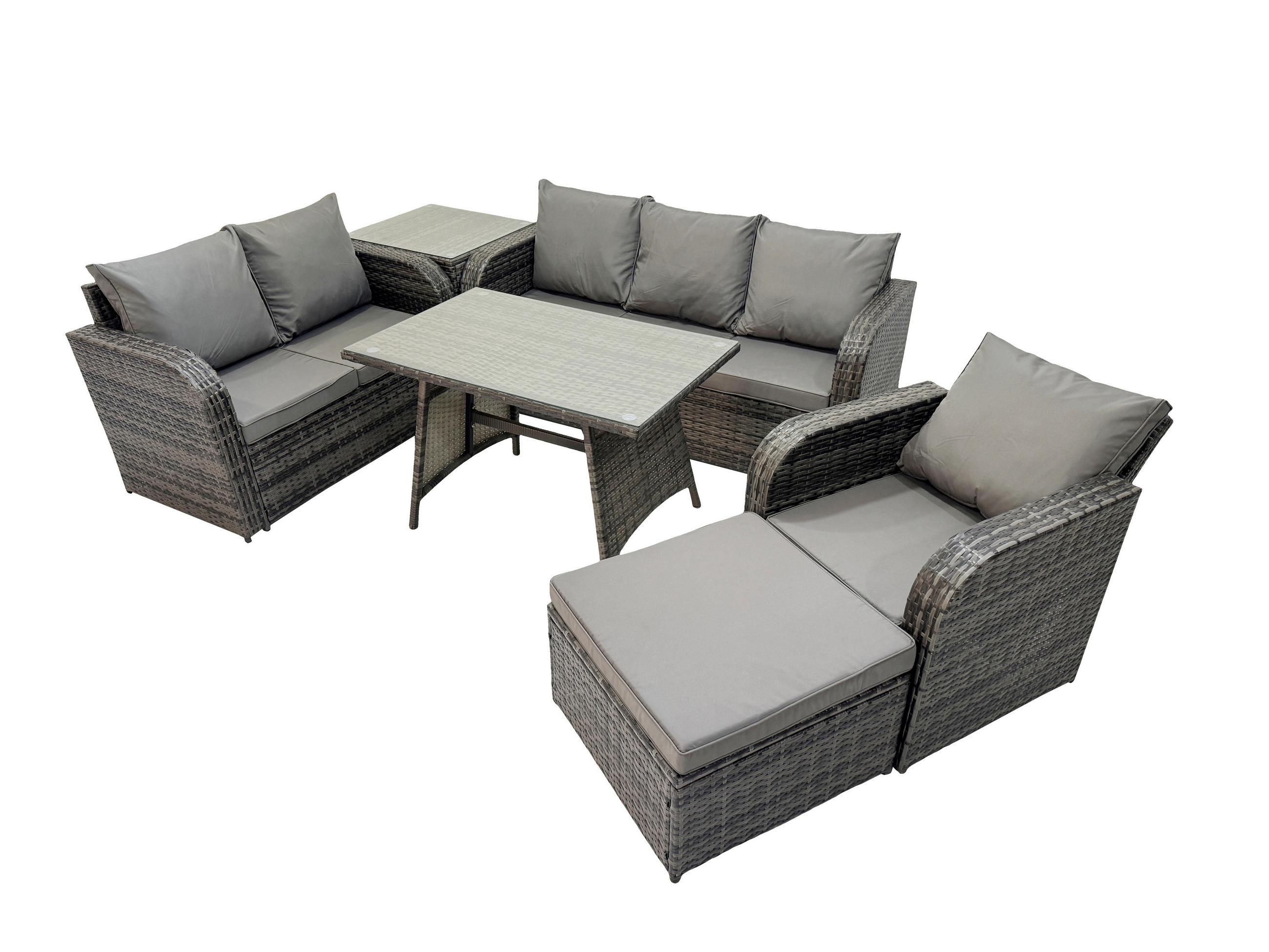 GARTENMÖBEL SET Polyrattan Dunkelgrau 7-Sitzer - Dunkelgrau/Grau, Glas/Kunststoff - Fimous