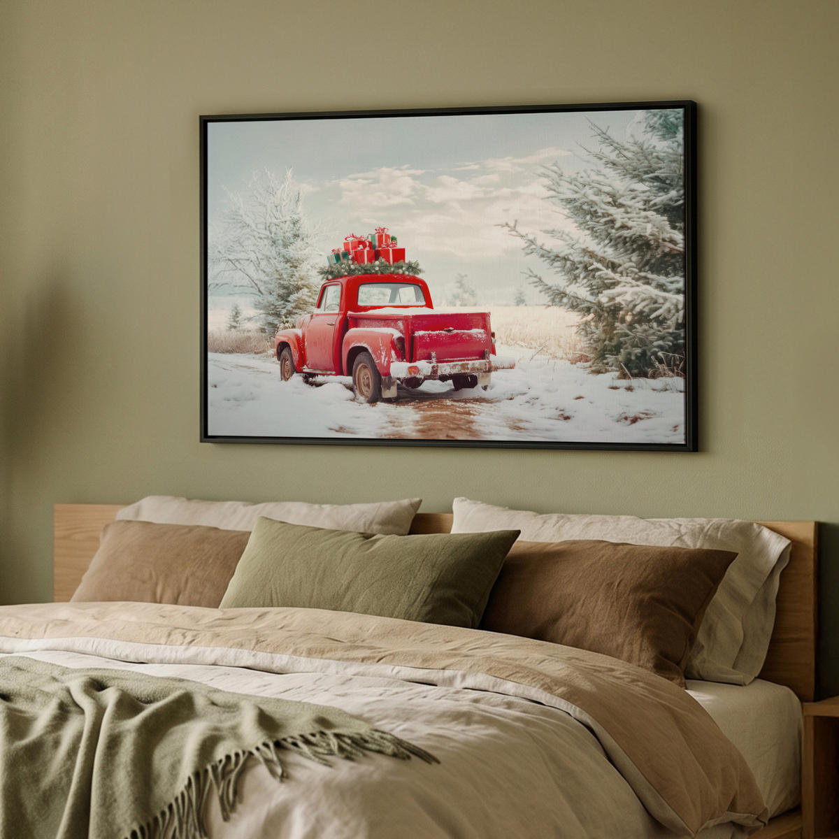 LEINWAND Bilder mit Rahmen - Auto - Rot - Geschenke - Winter - Schnee - Weihnachten - 90x60 - Rot, Textil (90/60cm) - MuchoWow