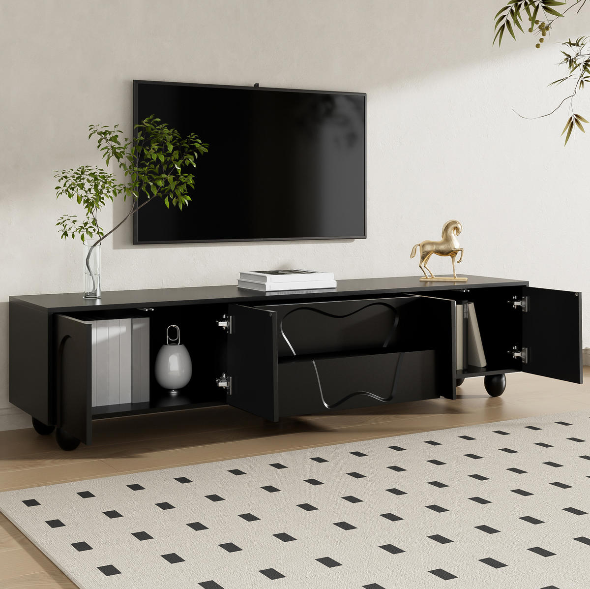 TV-SCHRANK in Schwarz mit Holzbeinen 180/40/42 cm - Schwarz, Holzwerkstoff (180/42/40cm) - Redom