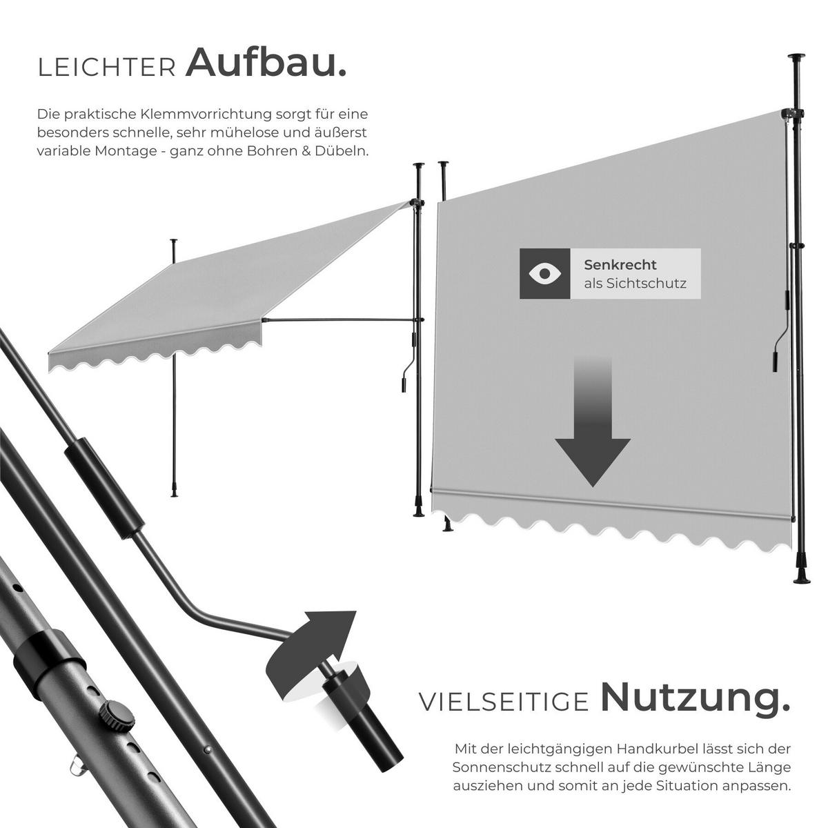 KLEMMMARKISE MIT HANDKURBEL , wasserabweisend, hellgrau - Hellgrau, Textil (300/304/180cm) - tectake