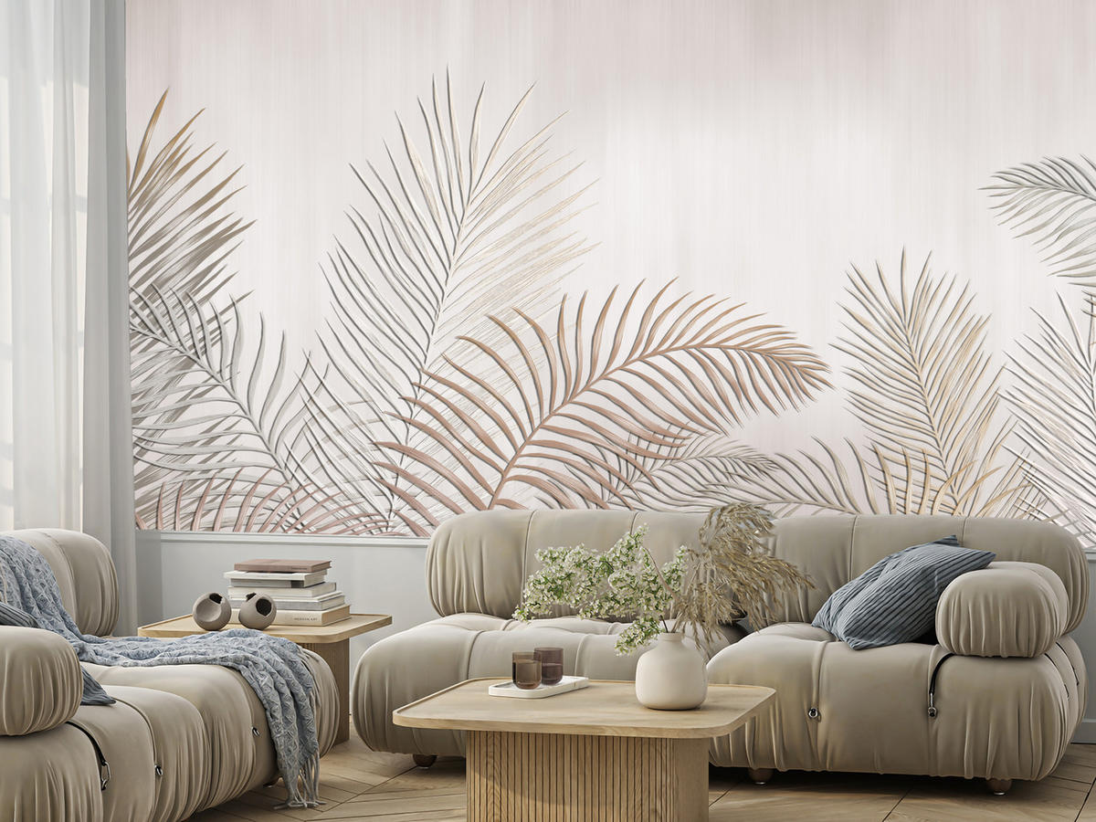 FOTOTAPETE für Schlafzimmer Beige Palmenblätter Delikat 450x315 - Beige/Braun, Papier (450/315cm) - Muralo