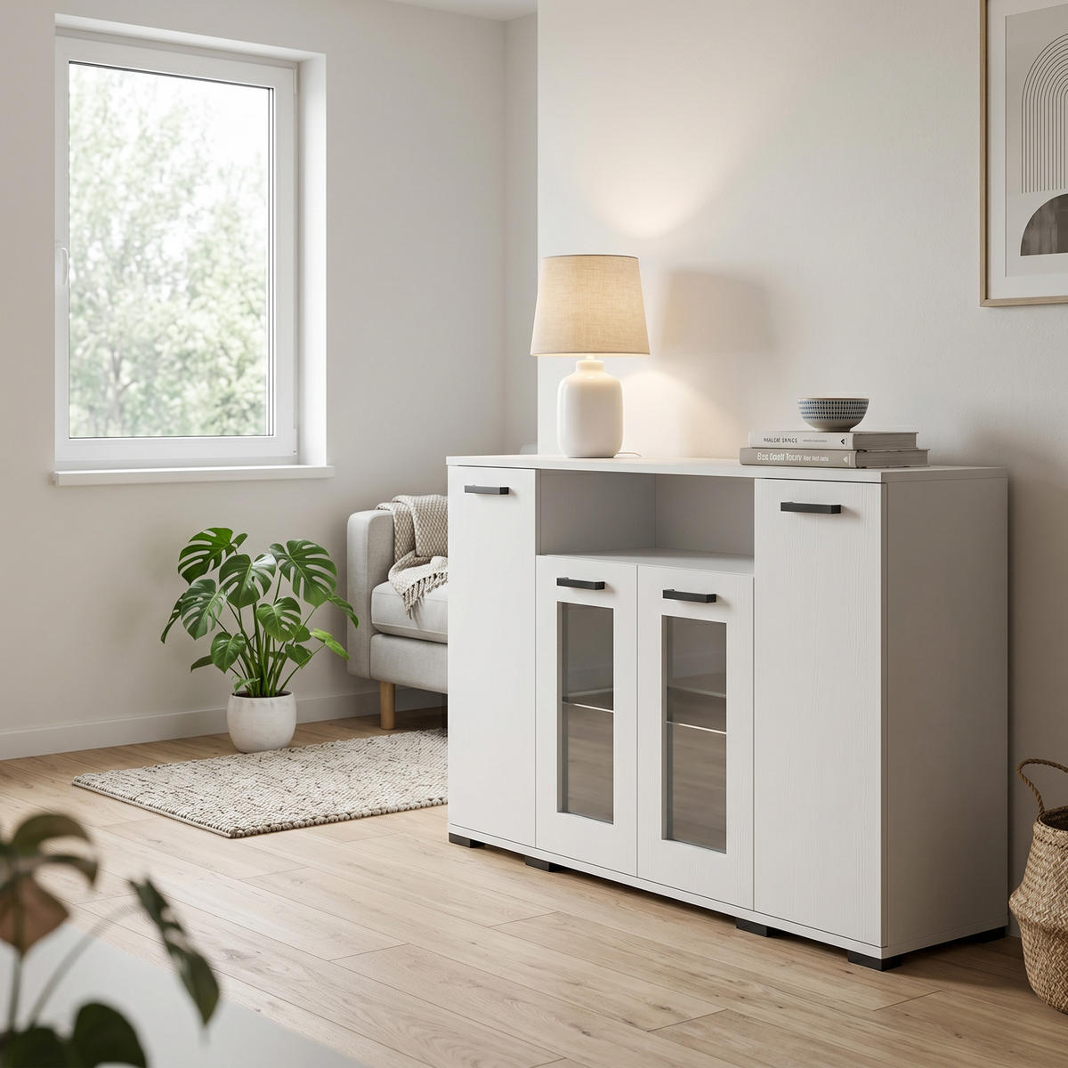 KOMMODE ALBANO 160/83/40cm mit 4 Schubladen Türen Weiß - Weiß, Holzwerkstoff (160/83/40cm) - MASSENO