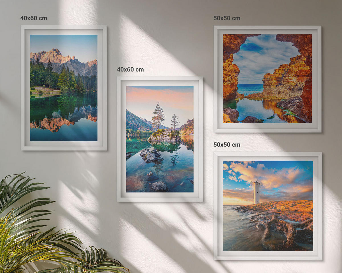 BILDER SET 4er Set - 50x50 cm & 40x60 cm Weißer Rahmen - Spiegelung der Felsen in Bergseen - Weiß, Kunststoff (50/50cm) - TULUP