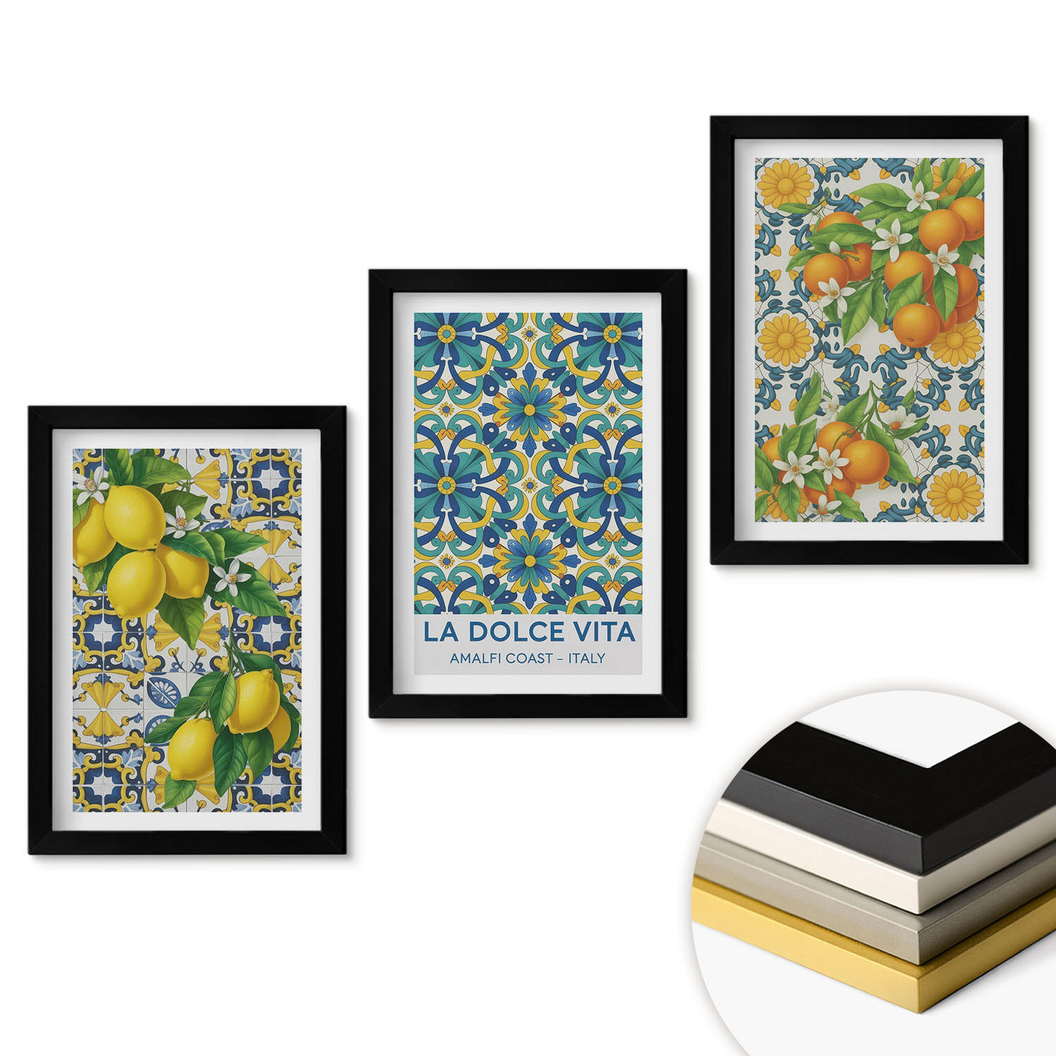 WANDBILDER 3er-Set - 20x30 cm Schwarzer Rahmen - Zitronen, Orangen, Blumen, Italien - Schwarz, Kunststoff (20/30cm) - ArtPrintCave