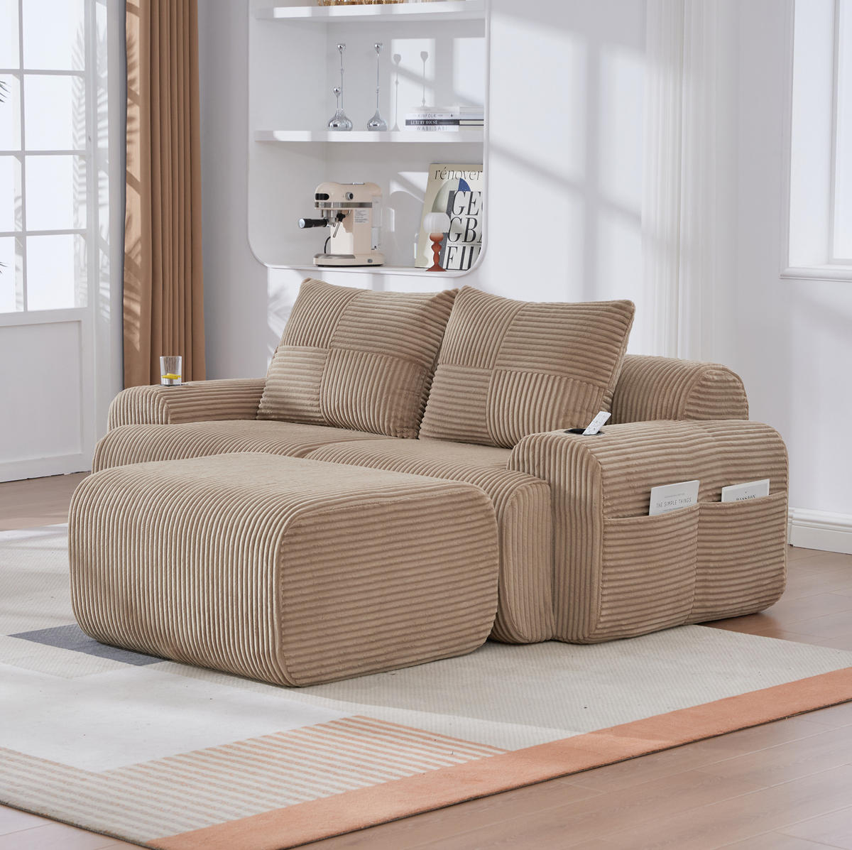 ECKSOFA 200/174/80 cm khaki aus Cord mit Cupholder und Seitentasche - Sandfarben, Textil (174/200cm) - OKWISH