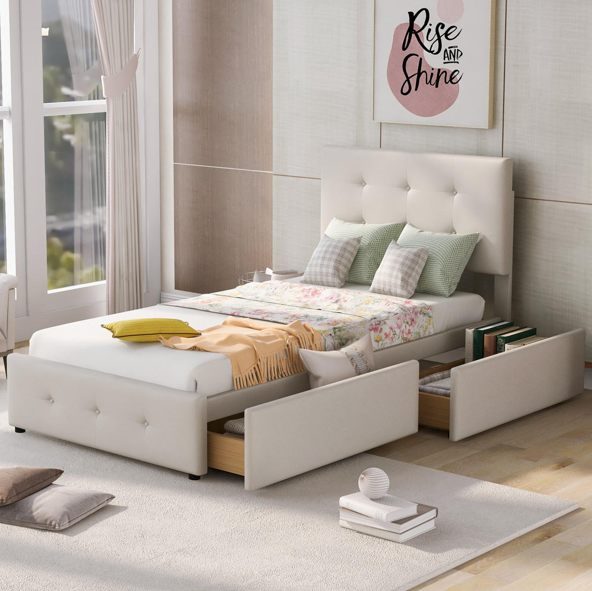 POLSTERBETT 90/200 cm Beige aus Samt mit Schublade und Lattenrost - Beige, Textil (90/200cm) - Flora Grace