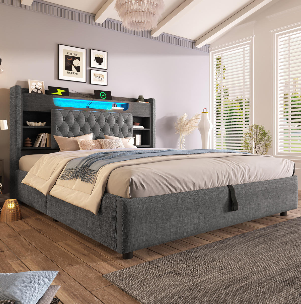 POLSTERBETT 180x200 cm in Grau mit Bettkasten, LED, USB- und USB-C-Anschlüssen - Grau, Textil (180/200cm) - IVMEU