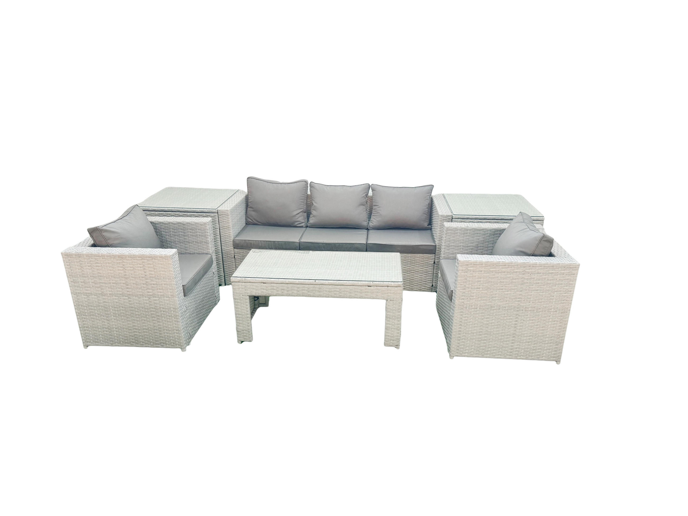 GARTENSET mit 3-SITZER SOFA,COUCHTISCH Polyrattan Hellgrau-Mix 5-Sitzer - Hellgrau/Grau, Glas/Kunststoff - Fimous