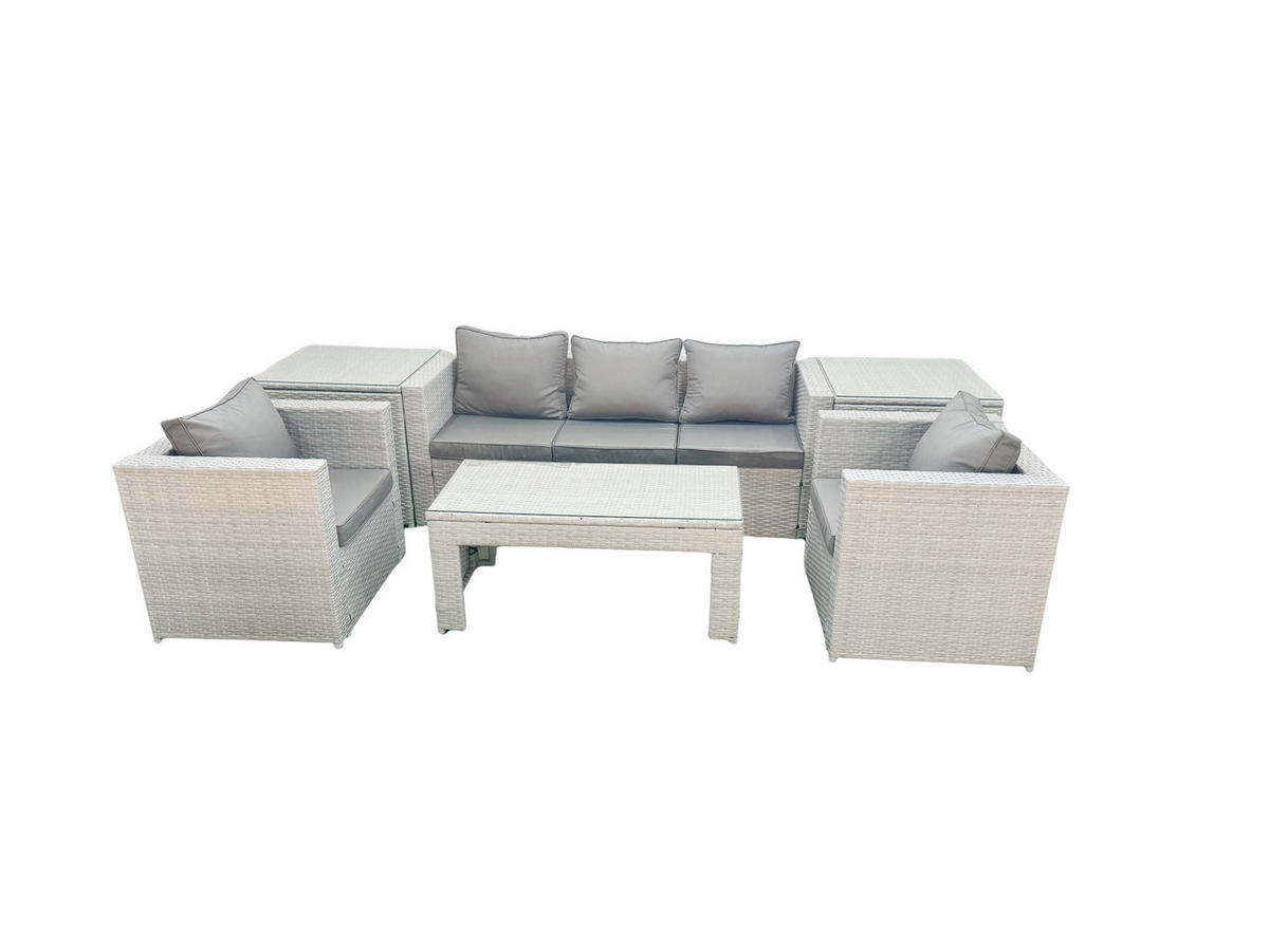 GARTENSET mit 3-SITZER SOFA,COUCHTISCH Polyrattan Hellgrau-Mix 5-Sitzer - Hellgrau/Grau, Glas/Kunststoff - Fimous