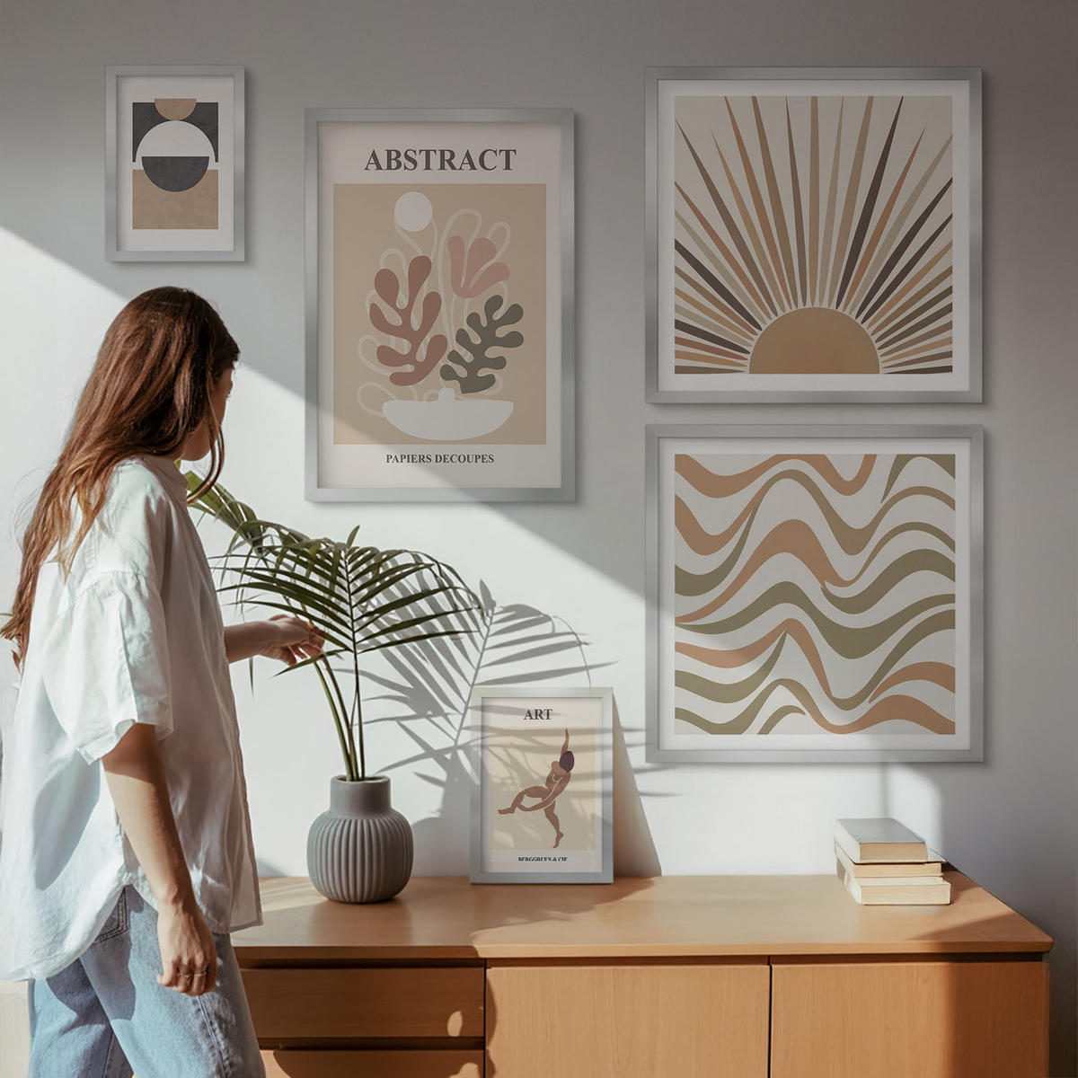 WANDBILDER 5er Set - 50x50 cm & 20x30 cm & 40x60 cm Silberner Rahmen - Matisse Boho abstrakte Muster - Silberfarben, Kunststoff (40/60cm) - ArtPrintCave