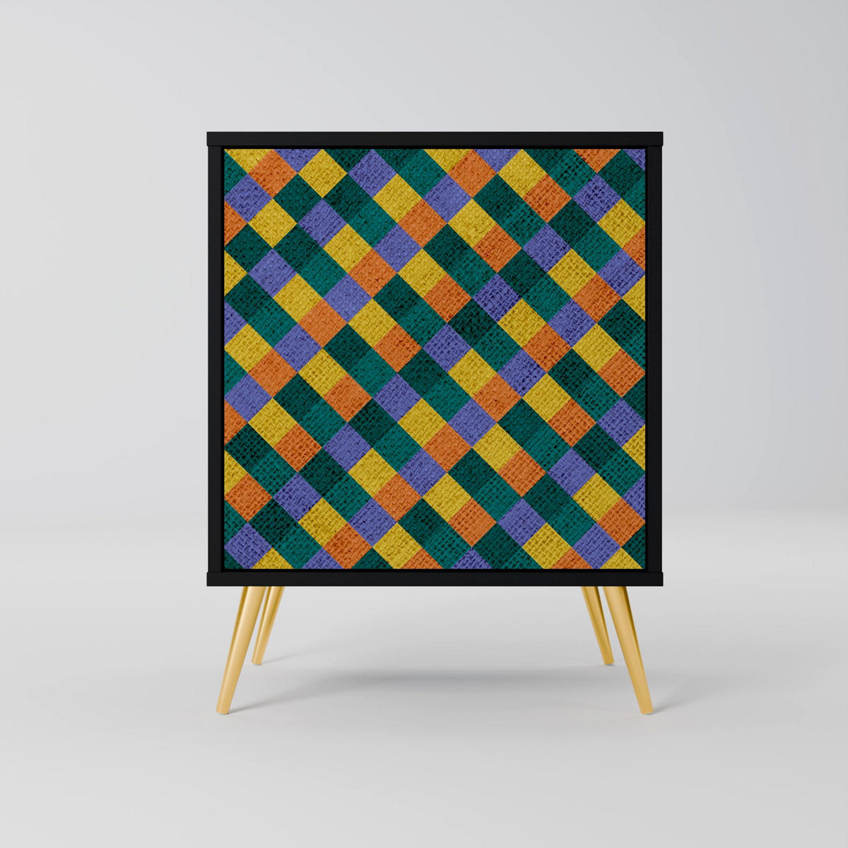SIDEBOARD PAINTED SQUARES MIX, Schwarz, 57,5x42x75,5 cm, Goldfarbene Metallfüße - Goldfarben/Multicolor, Holzwerkstoff/Metall (57.5/75.5/42cm) - SpaceRebels