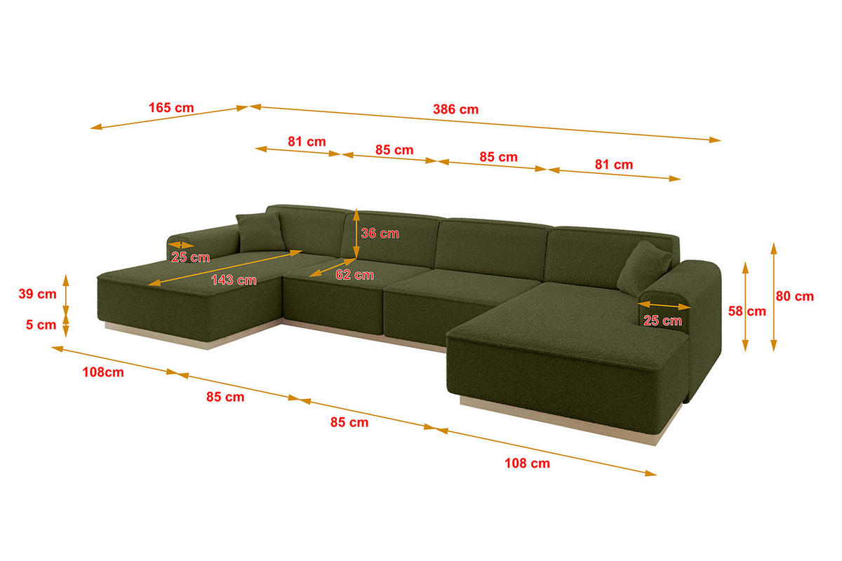 WOHNLANDSCHAFT IREA-U2 - 386x165x80 cm Grün - Platinfarben/Olivgrün, Holzwerkstoff/Textil (386/80/165cm) - ALTDECOR