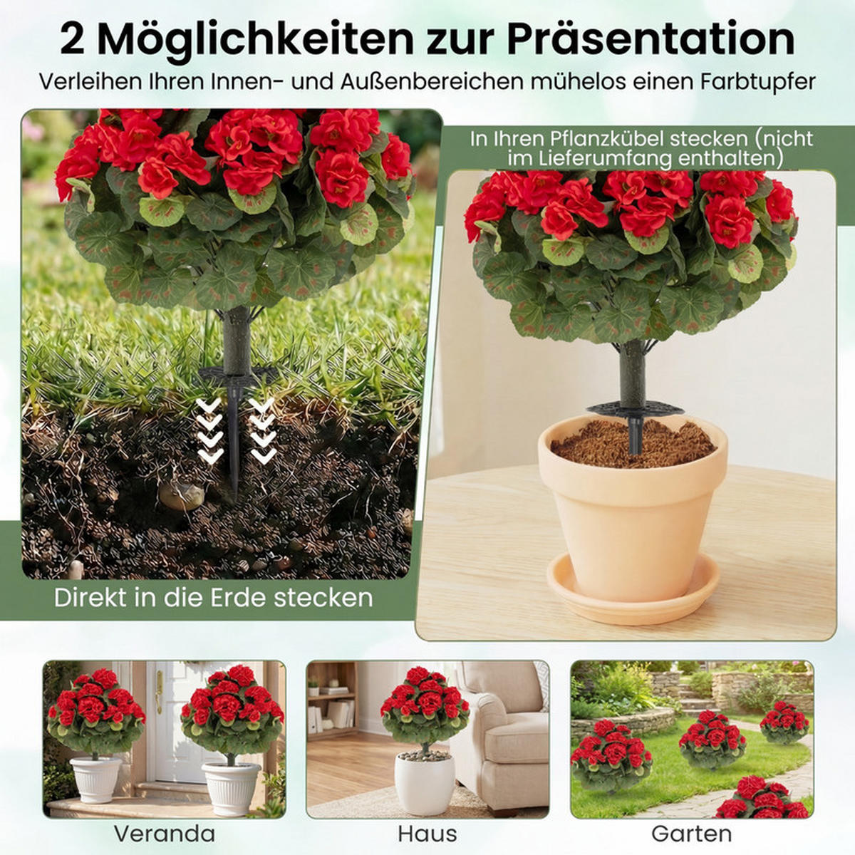 KÜNSTLICHE GERANIEN hochrealistisch rot(2er-Set) - Rot, Kunststoff (57cm) - COSTWAY
