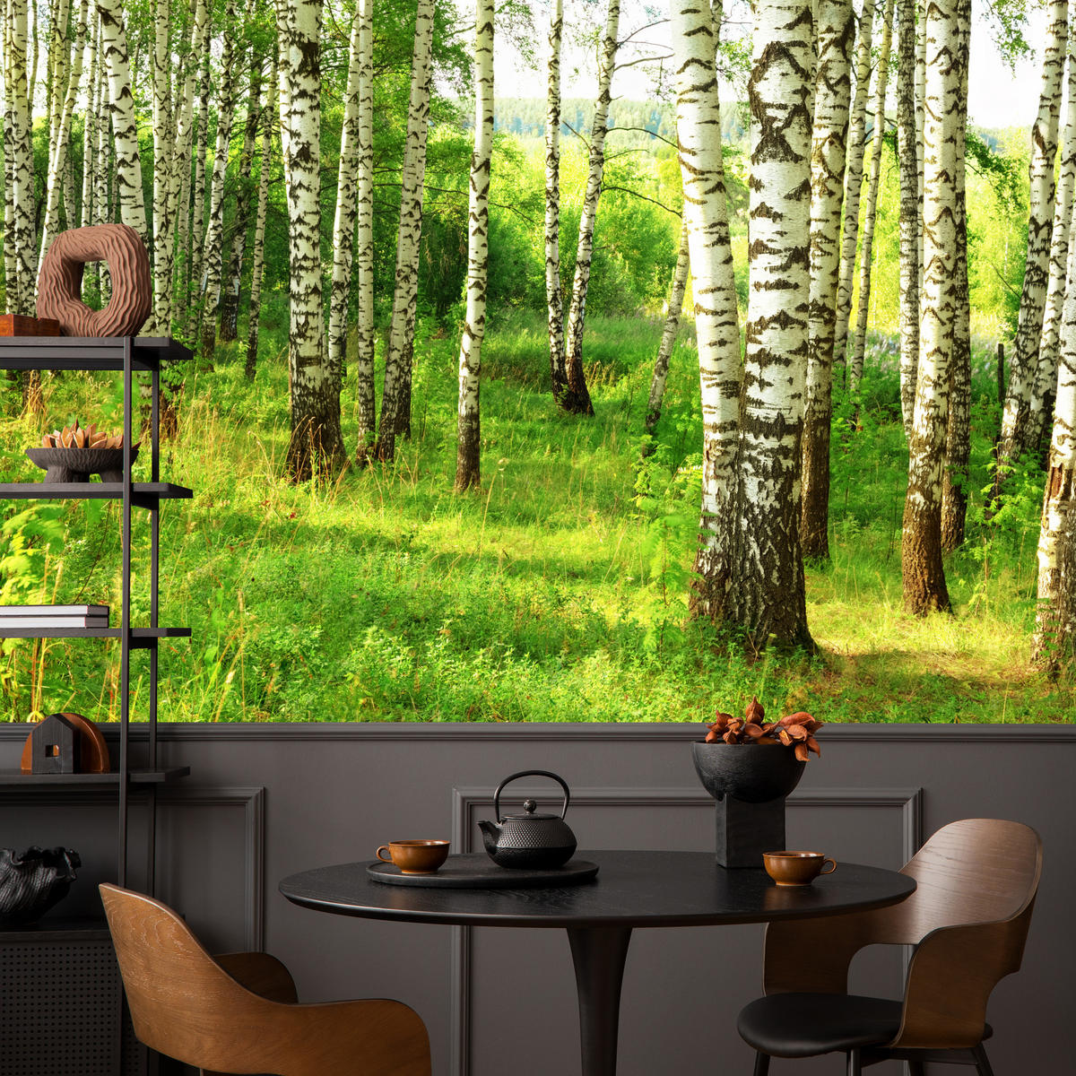 FOTOTAPETE für Esszimmer Birkenwald Bäume Natur 3D 100x70 - Schwarz/Braun, Papier (100/70cm) - Muralo