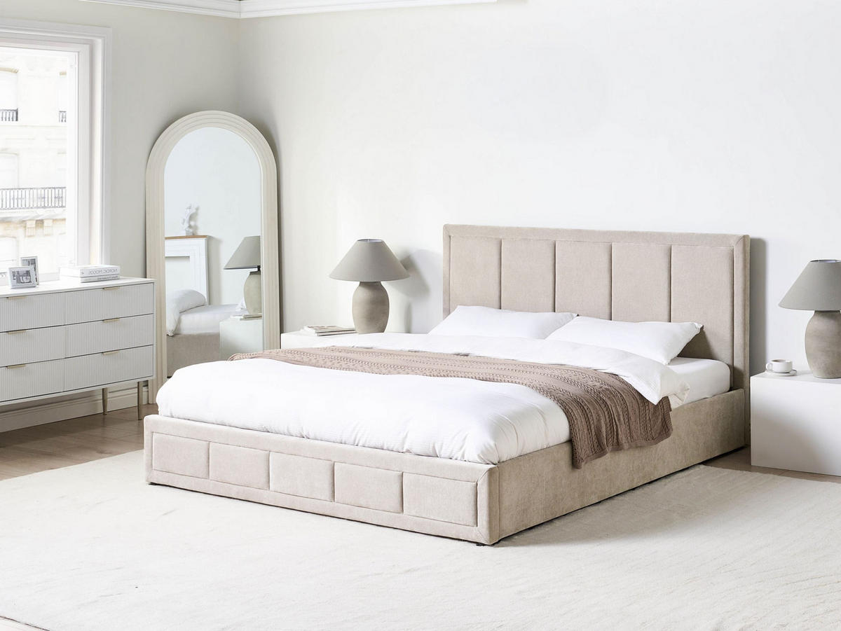 BETT mit Stauraum 180/200 cm Chenillegewebe Taupe Quiberon - Taupe, Textil (180/200cm) - Beliani