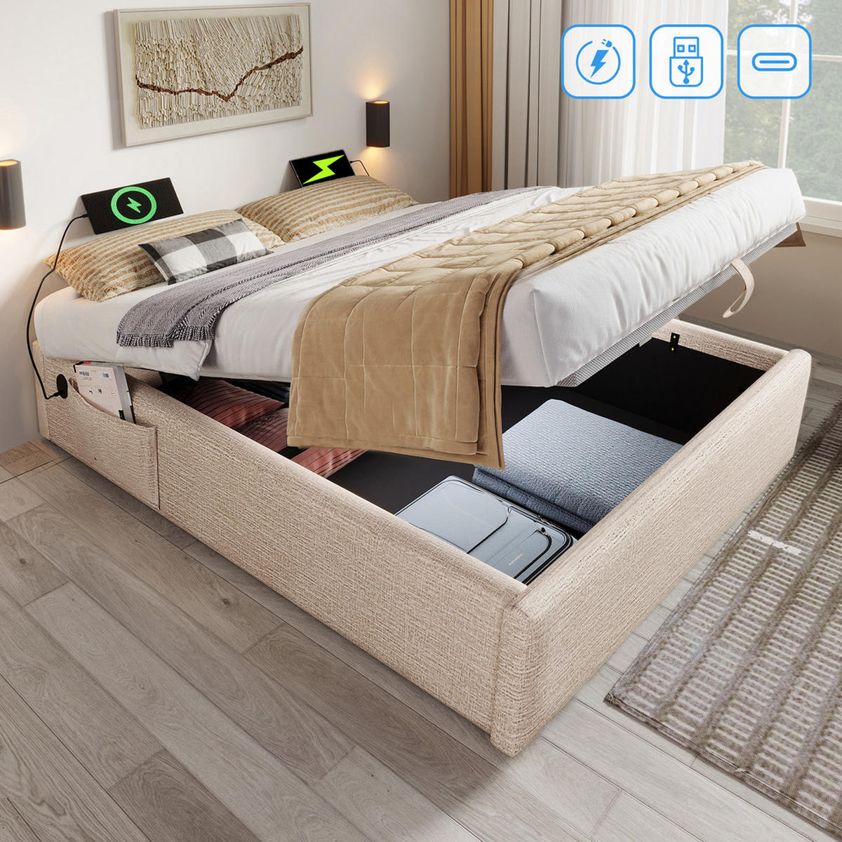 POLSTERBETT 160x200cm Doppelbett Stauraumbett mit USB-C & Lattenrost Natürlich - Beige, Holz - FLIEKS