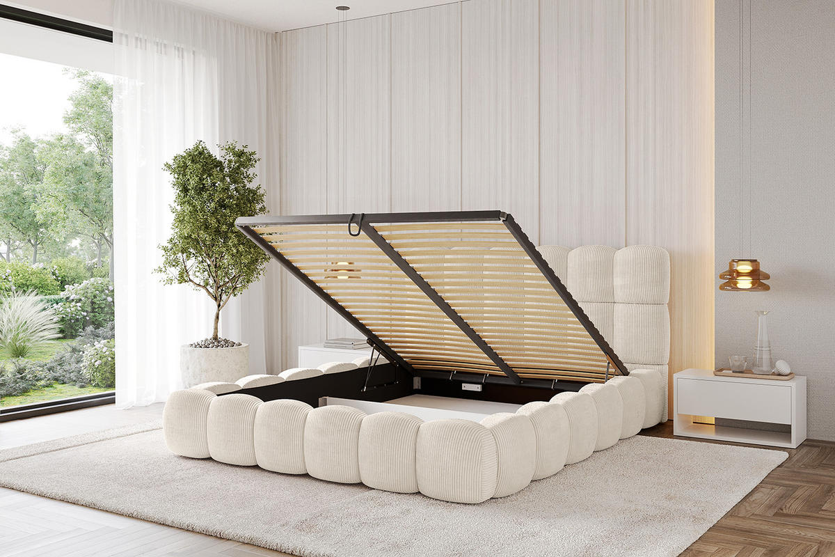 POLSTERBETT mit Bettkasten und Lattenrost, Bett mit Matratze H3/H4 - LEYA 120x200 Beige - Creme, Holzwerkstoff/Textil (120/200cm) - ALTDECOR