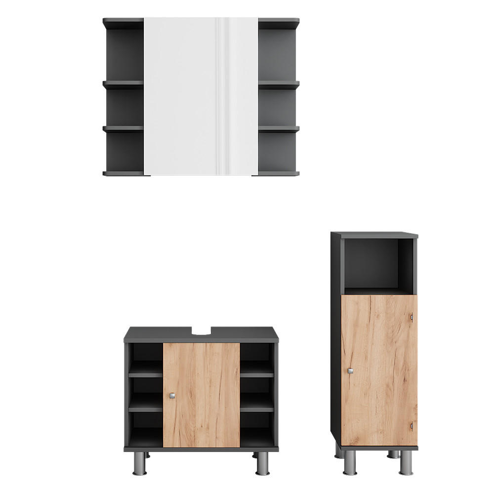 BADMÖBEL-SET Fynn Anthrazit/Goldkraft Eiche 3 Teile mit Midischrank - Honigeiche/Anthrazit, Holzwerkstoff (60/54/32cm) - Vicco