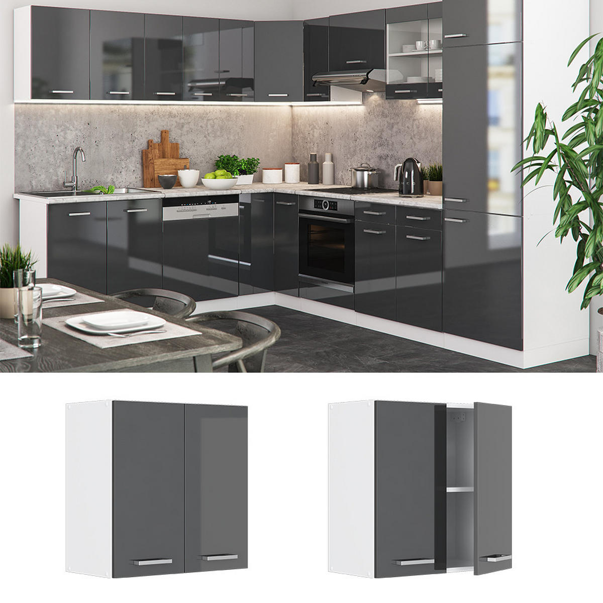 HÄNGESCHRANK R-Line Anthrazit Hochglanz 60 cm - Anthrazit/Weiß, Holzwerkstoff (60/60/31cm) - Vicco