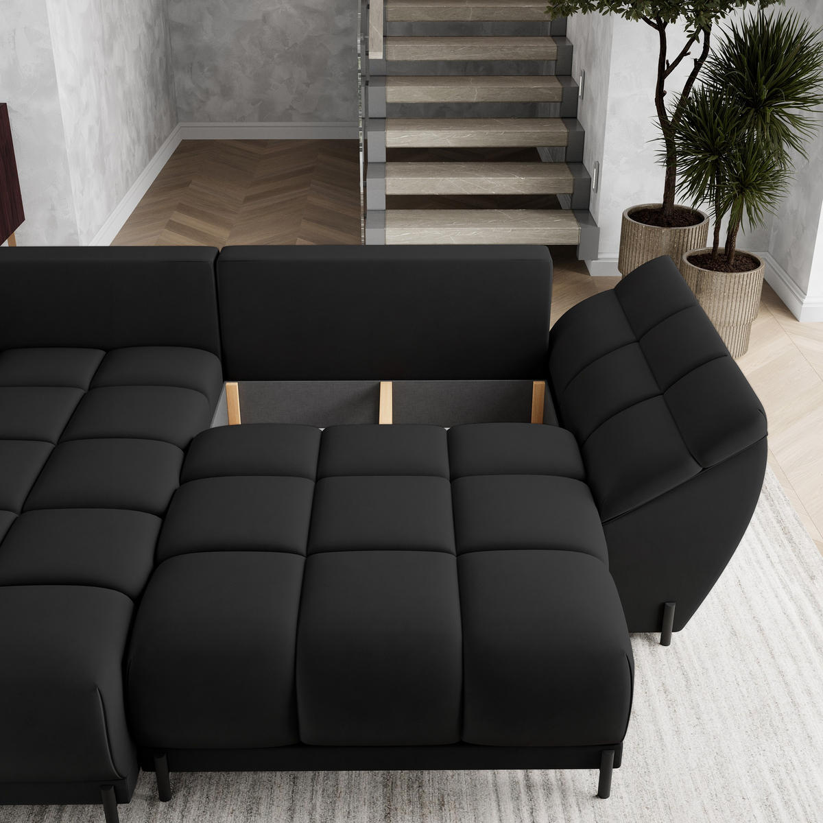 ECKSOFA VESTANO L-S Schwarz Velours-Stoff mit Schlaffunktion - Schwarz, Holz (287/182cm) - MASSENO