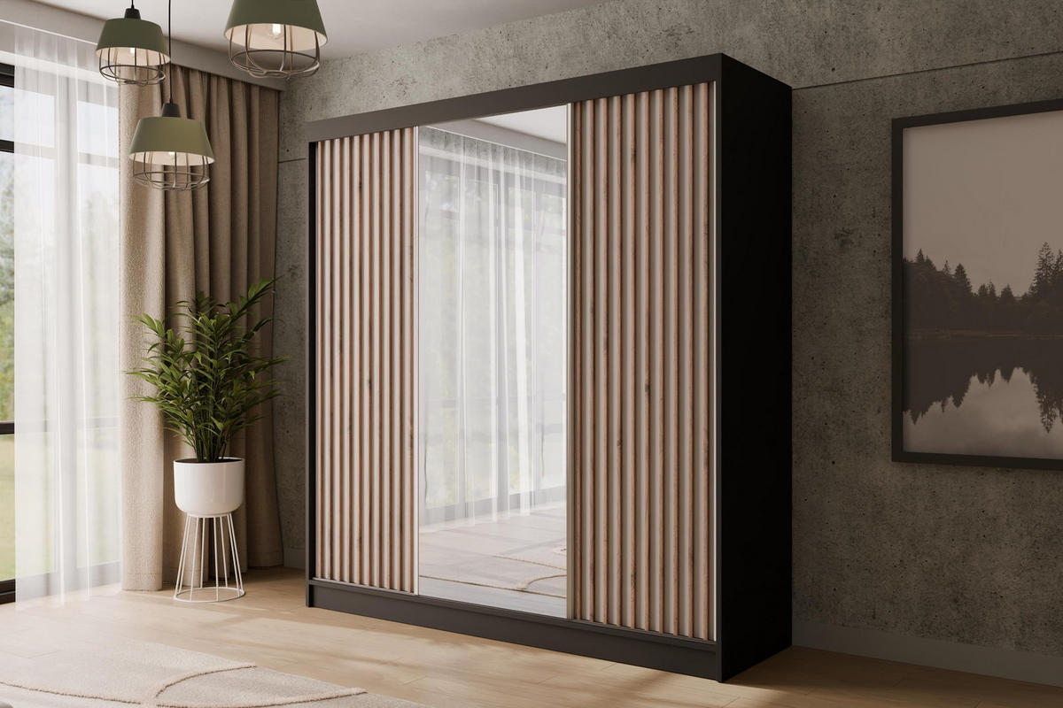 KLEIDERSCHRANK mit Spiegel V2-ZENTI 215x200 cm Schwarz|Weiß - Schwarz/Weiß, Holzwerkstoff (200/215/61cm) - ALTDECOR